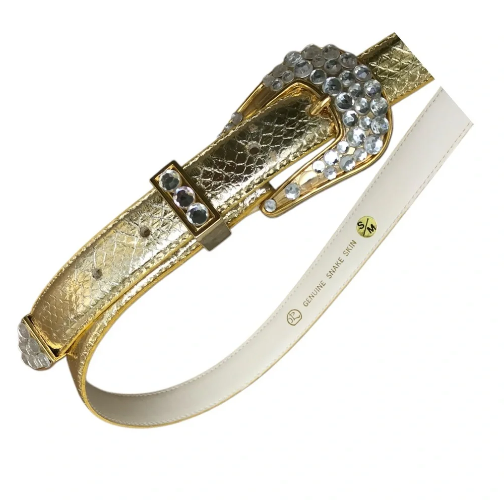 Genuine Leather Snakeskin  Gold Rhinestone Buckle Belt. SZ. S/M.